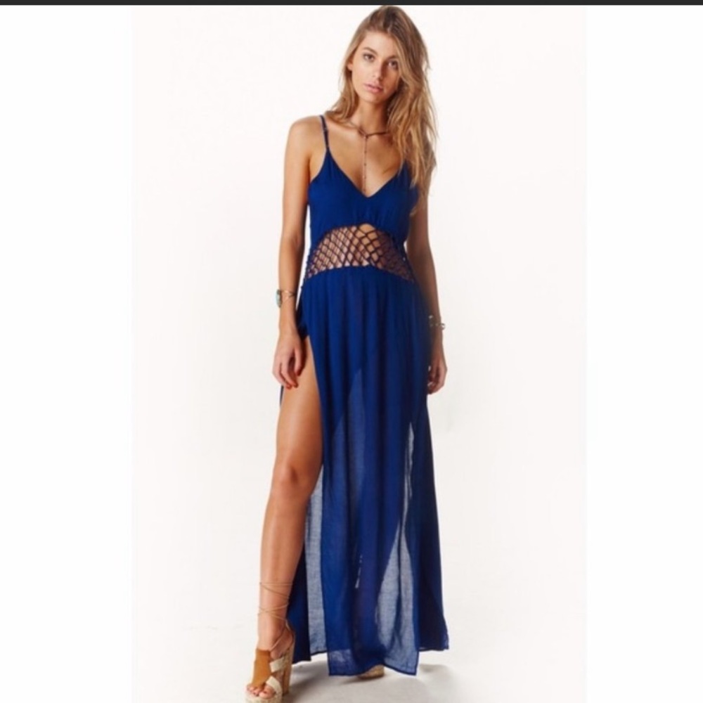 INDAH Blue Macrame Knot Cutout Waist Maxi Dress XS